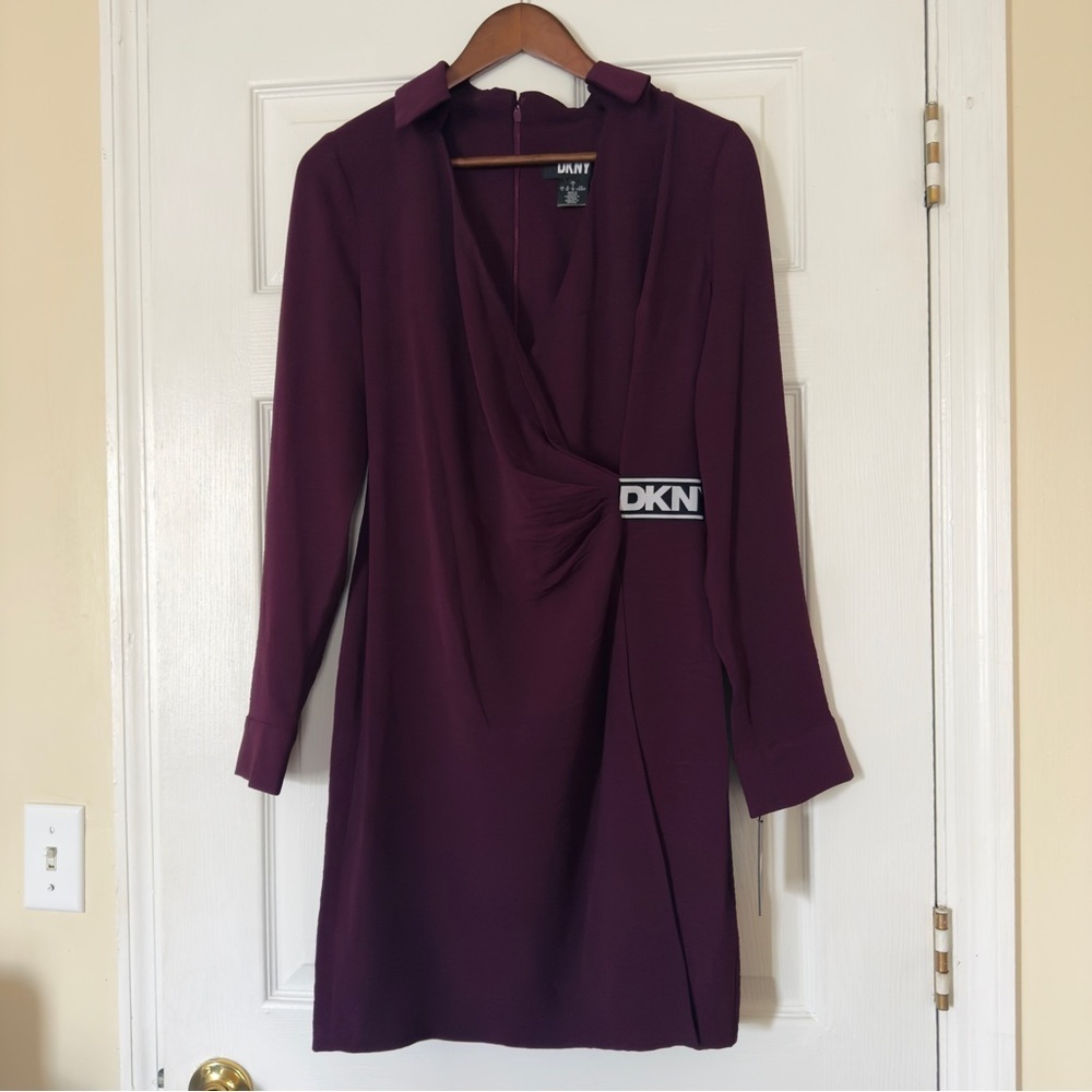 DKNY Long Sleeve Faux Wrap Dress in Raisin Size 4 NWT Cocktail Party Guest - Picture 3 of 8